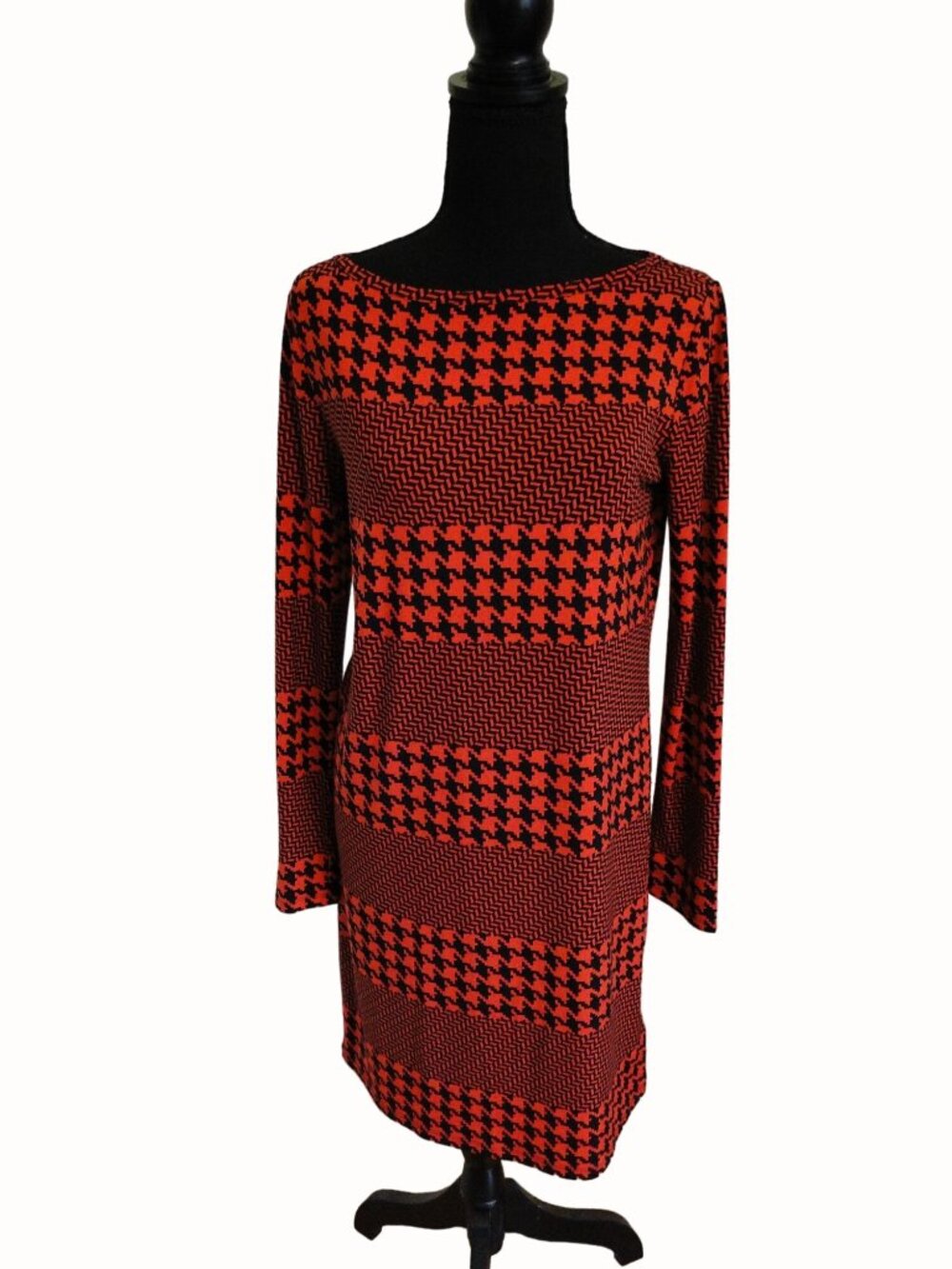 Michael Kors Sheath Dress Womens Small S Orange Red Black Geometric Long Sleeve